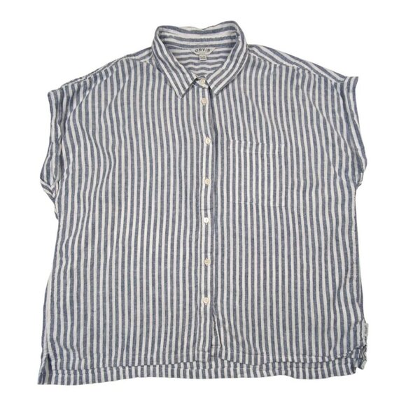Orvis Linen Blend Womens XL Shirt Blue Striped Coastal Nautical Boat Beach - Picture 1 of 12